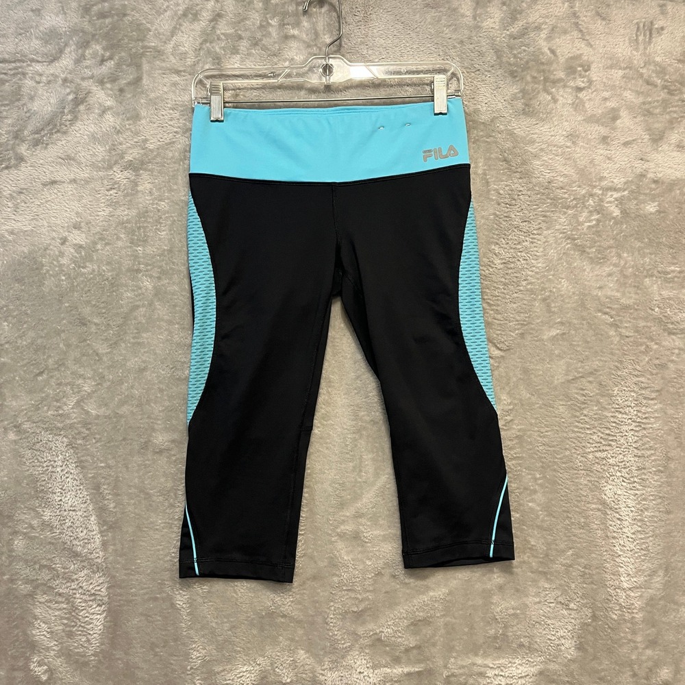 Fila Sport Capri Leggings Women Small Black Blue Mesh‎ Panel Athletic Pants